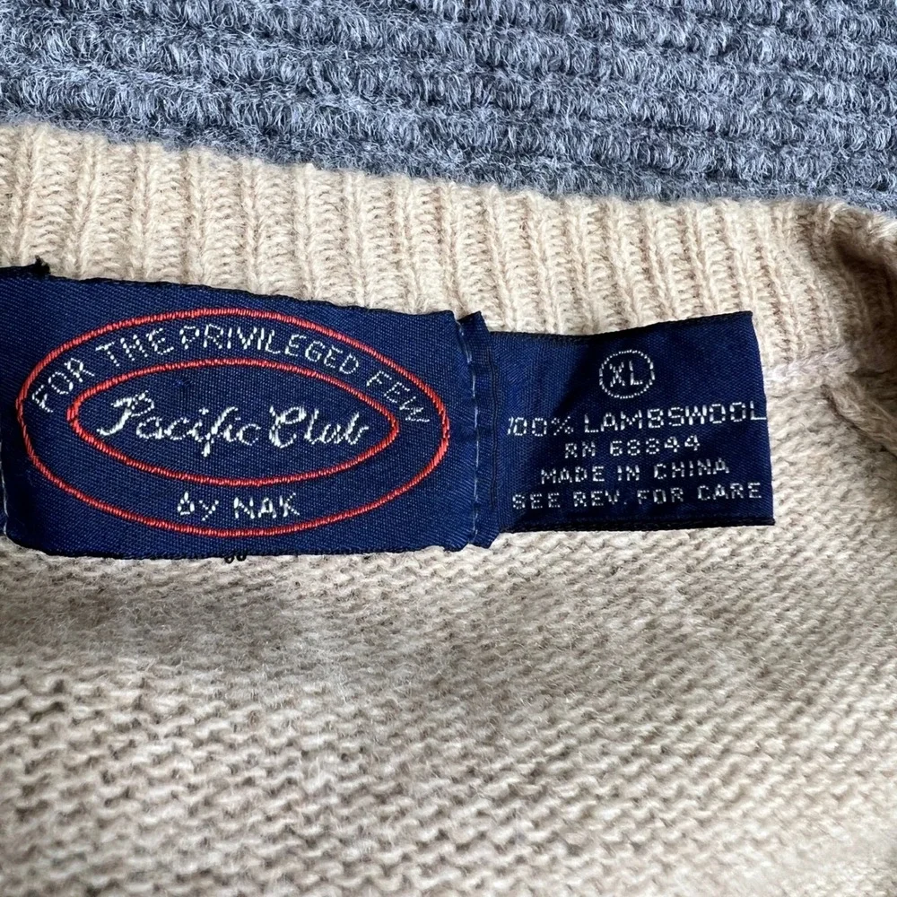 Pacific Club by NAK Mens XL V-Neck Sweater 100% Lambswool Tan Beige Knit